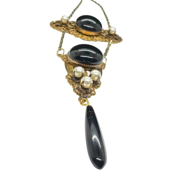 Vintage Victorian Jet Glass & Faux Pearl Drop Necklace - Picture 6 of 10